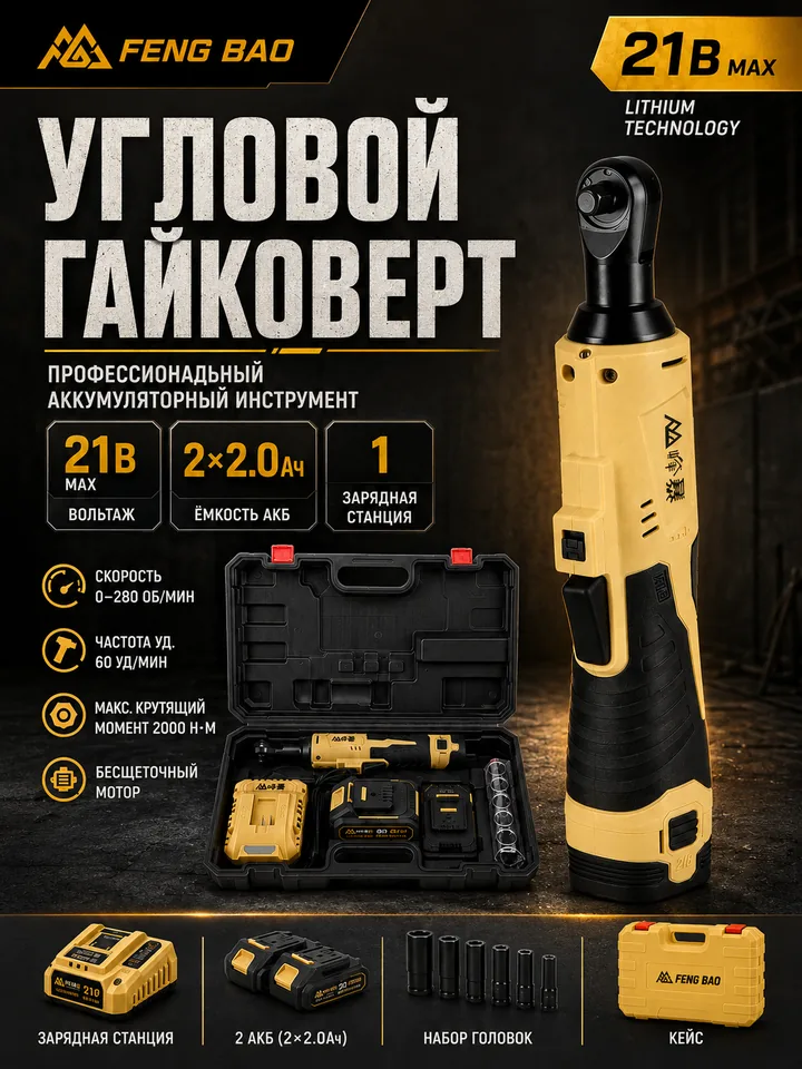 Угловая аккумуляторная трещотка FENG BAO FBH-407 — 21В, 60 Н·м