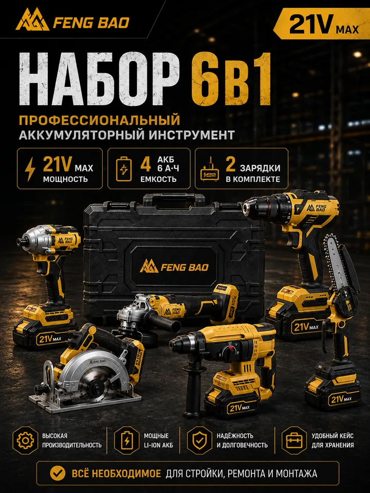 Набор аккумуляторного инструмента FENG BAO 6 в 1, 21V MAX — 6 инструментов, 4 АКБ 6 А·ч, 2 зарядки, кейс
