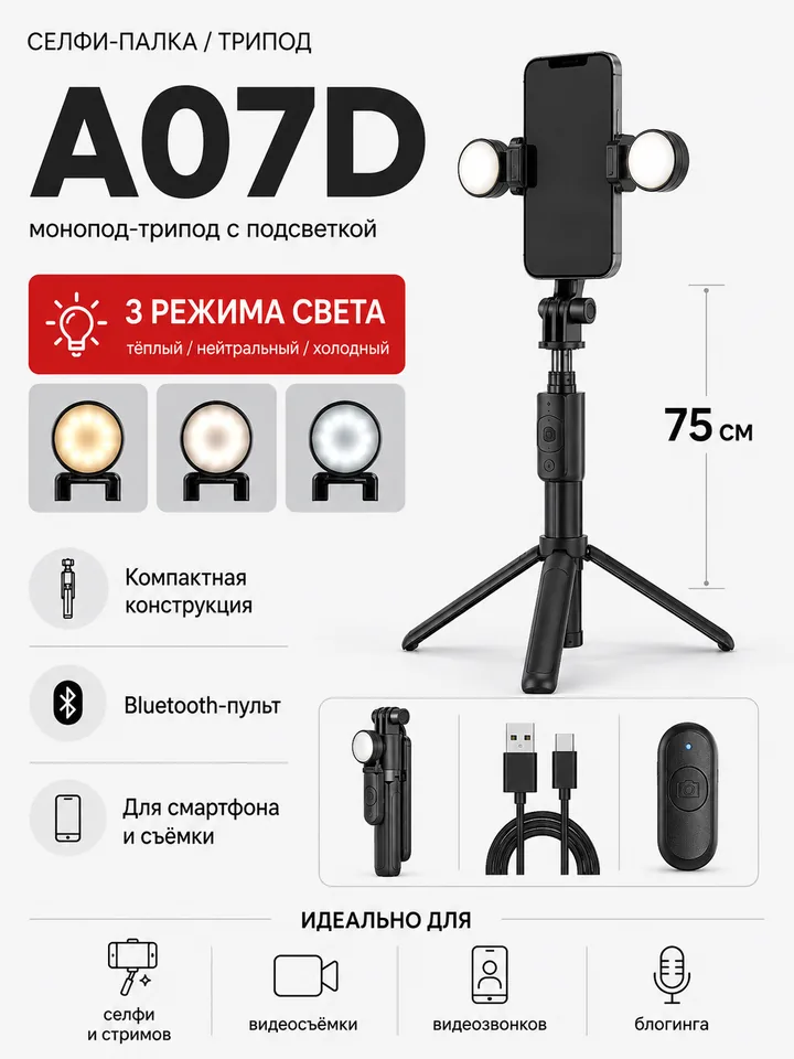 Монопод-трипод A07D 75 см с подсветкой и Bluetooth-пультом