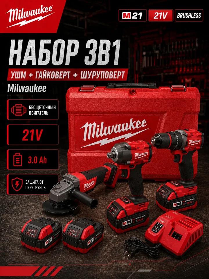 Набор аккумуляторного инструмента M21 3в1: УШМ + гайковёрт + шуруповёрт — аналог Milwaukee — главное изображение