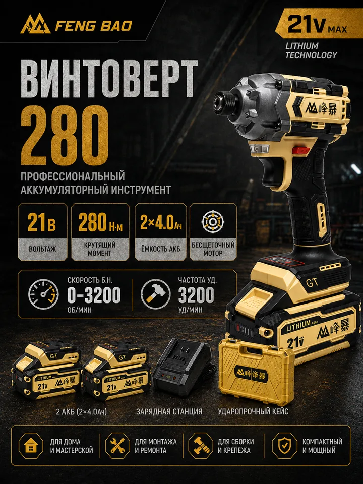 Ударный винтовёрт FENG BAO 280 — 21В, 280 Н·м, 2×4.0 А·ч