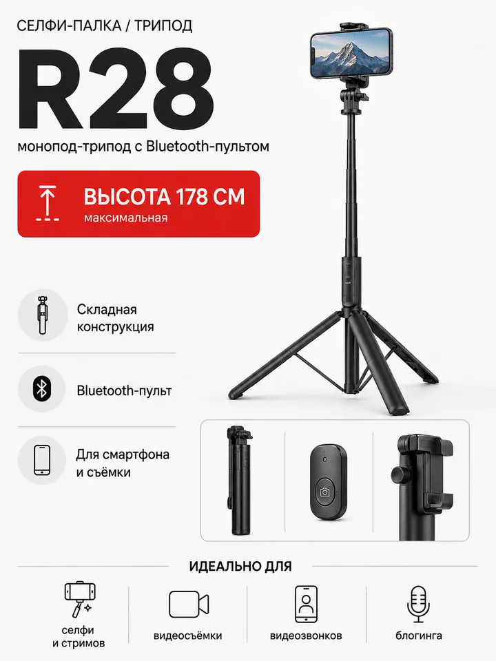 Монопод-трипод R28 178 см с Bluetooth-пультом