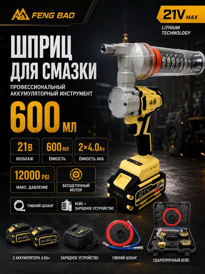Аккумуляторный шприц для смазки FengBao — 21В, 600 мл, до 12000 PSI