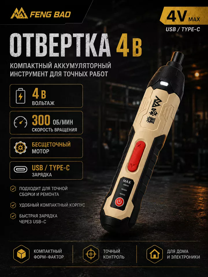 Аккумуляторная отвёртка FENG BAO 4V USB Type-C — главное изображение