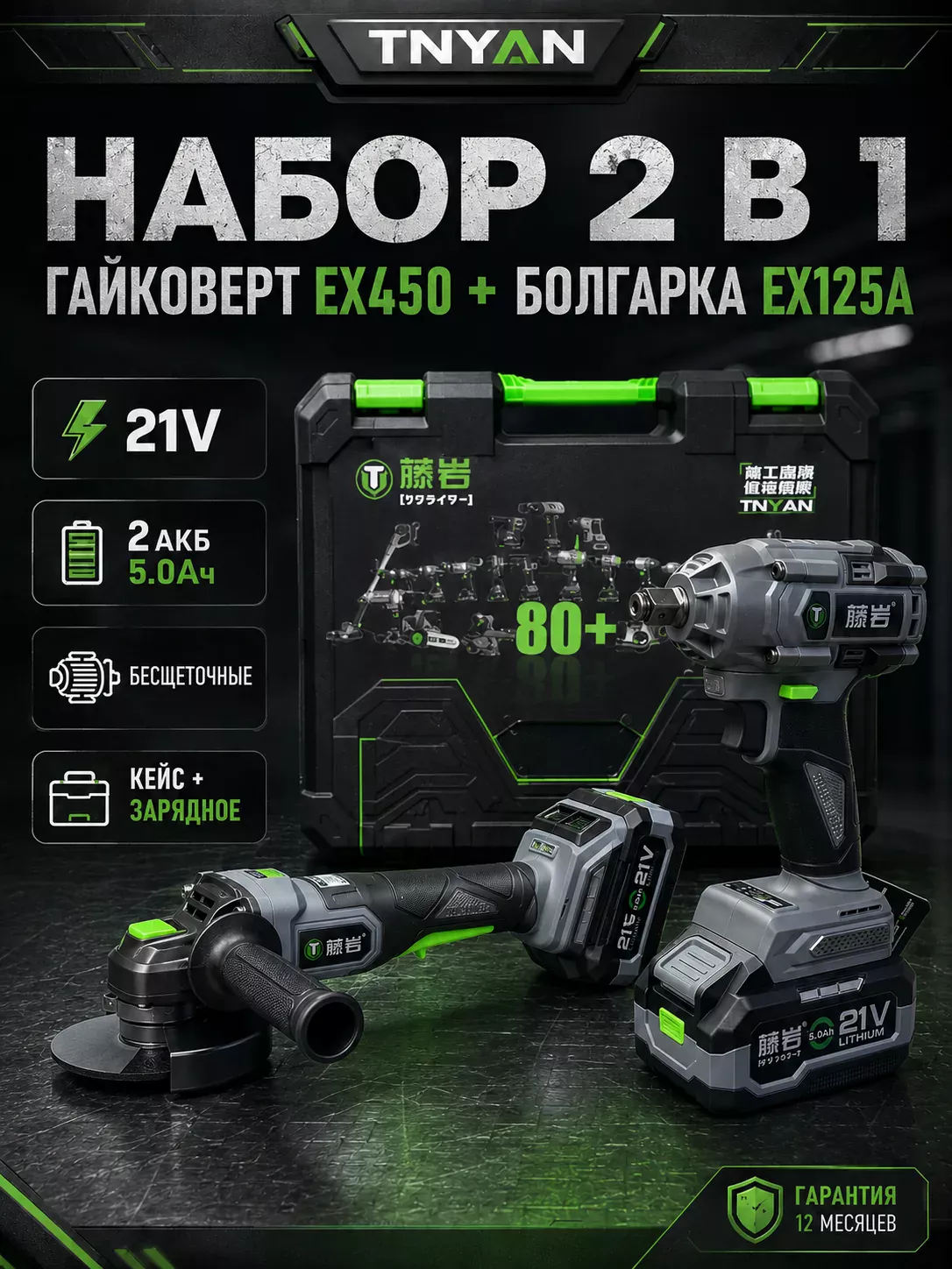 Набор аккумуляторного инструмента TNYAN 2 в 1 EX450 + EX125A — гайковёрт 450 Н·м + УШМ 125 мм