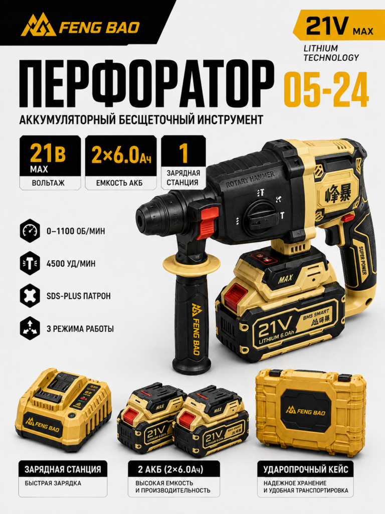 Аккумуляторный перфоратор FENG BAO 05-24 — 21В, SDS-Plus, 2×6.0 А·ч