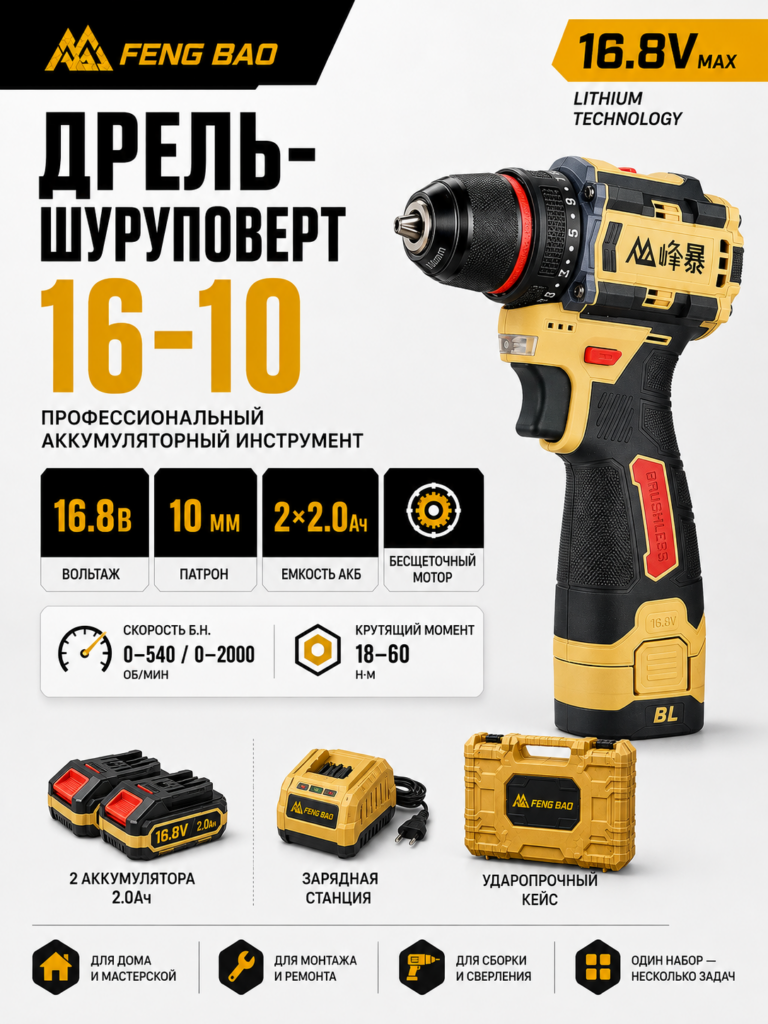 Дрель-шуруповёрт FENG BAO 16-10 — 16,8В, 60 Н·м, 2×2.0 А·ч