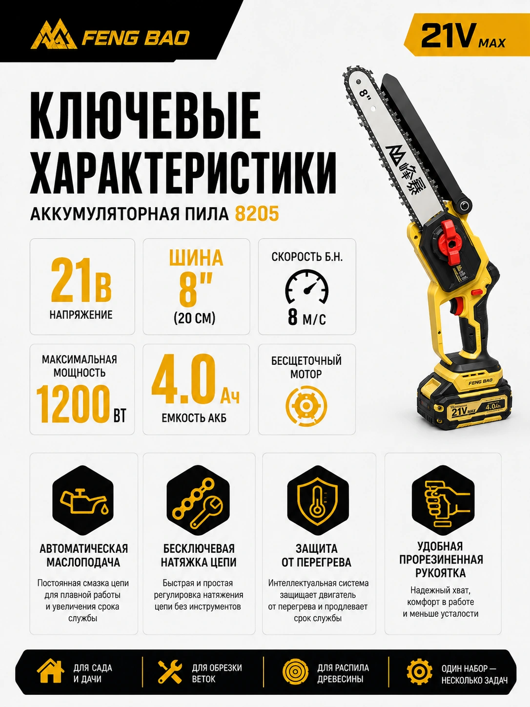 Аккумуляторная цепная пила FengBao 8205 — 21В, 8″ / 20 см, 2×4.0 А·ч — характеристики