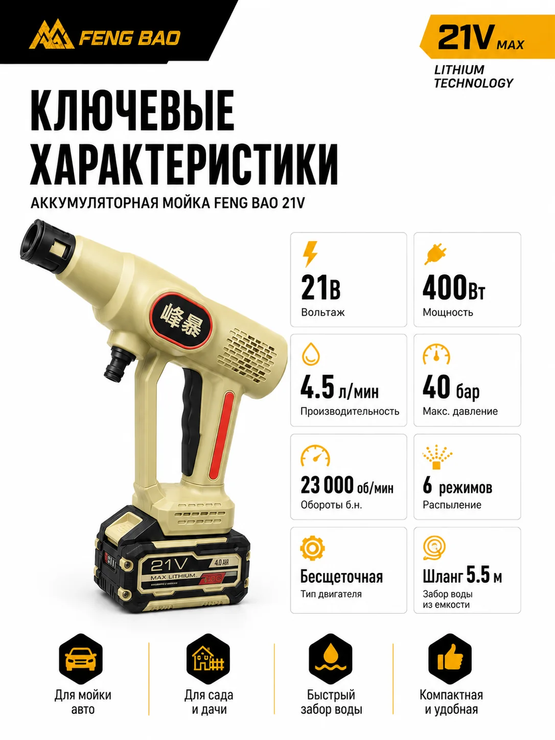 Аккумуляторная мойка FengBao FB-072 — 21В, 40 бар, 2×4.0 А·ч — характеристики