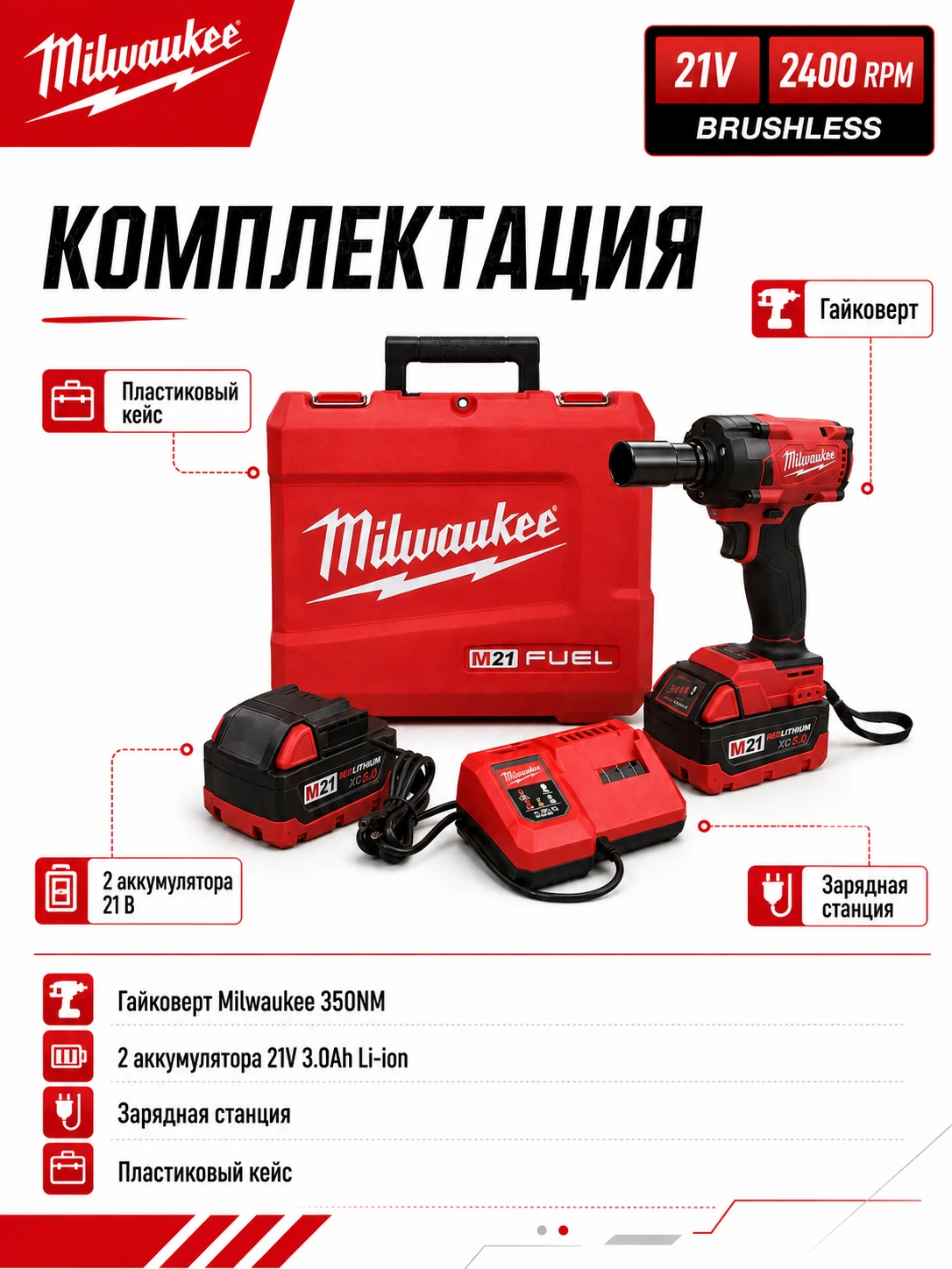 Аккумуляторный ударный гайковёрт M21 350 Н·м — аналог Milwaukee, 21 В, 2 АКБ — комплектация