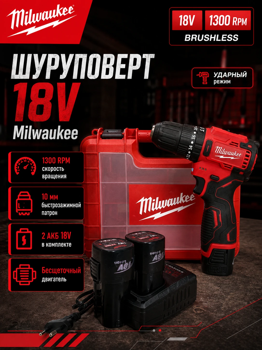 Компактный аккумуляторный ударный шуруповёрт 18 В — аналог Milwaukee, 2 АКБ — главное изображение