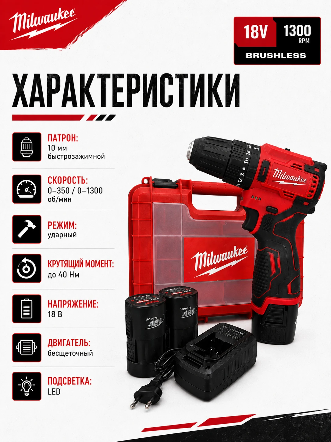 Компактный аккумуляторный ударный шуруповёрт 18 В — аналог Milwaukee, 2 АКБ — технические характеристики