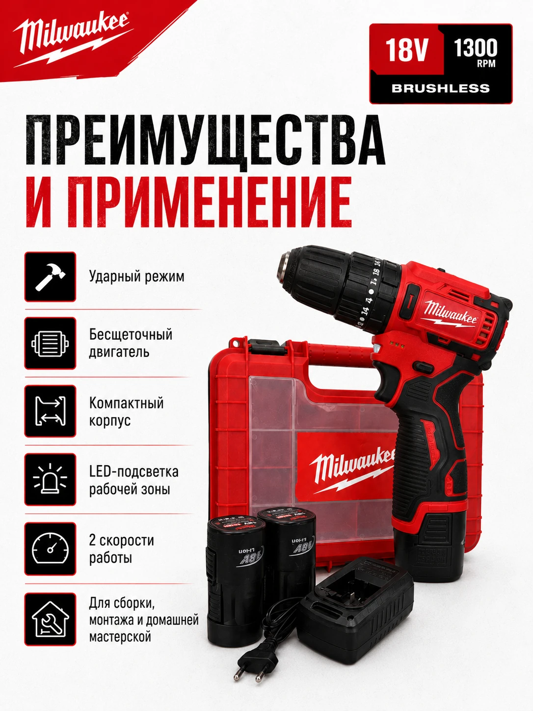 Компактный аккумуляторный ударный шуруповёрт 18 В — аналог Milwaukee, 2 АКБ — преимущества и применение