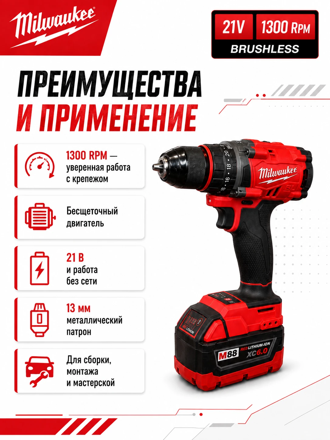 Аккумуляторный ударный шуруповёрт M21 — аналог Milwaukee, 21 В, 13 мм, 2 АКБ — преимущества и применение