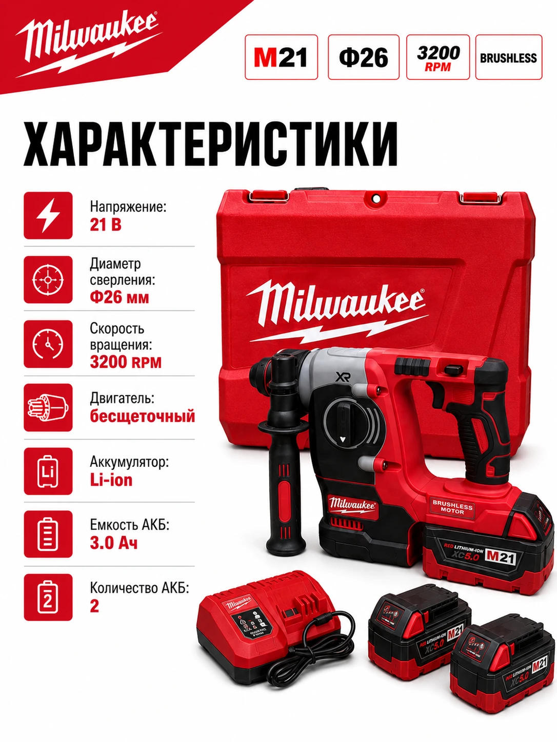 Аккумуляторный перфоратор M21 Ø26 мм — аналог Milwaukee, 3200 об/мин, 21 В — технические характеристики