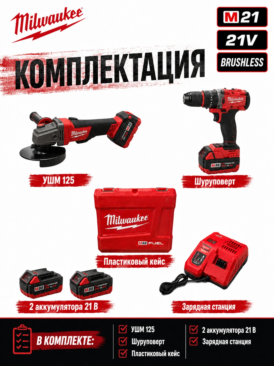 Набор аккумуляторного инструмента M21 2в1: УШМ 125 + шуруповёрт — аналог Milwaukee — комплектация
