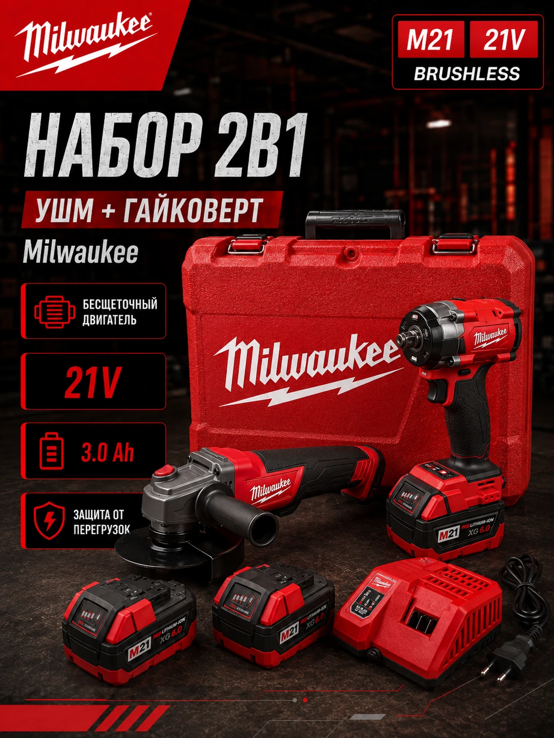 Набор аккумуляторного инструмента M21 2в1: УШМ 125 + гайковёрт 350 Н·м — аналог Milwaukee — главное изображение