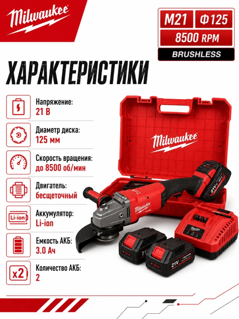 Аккумуляторная УШМ M21 125 мм — аналог Milwaukee, 8500 об/мин, 21 В, 2 АКБ — технические характеристики