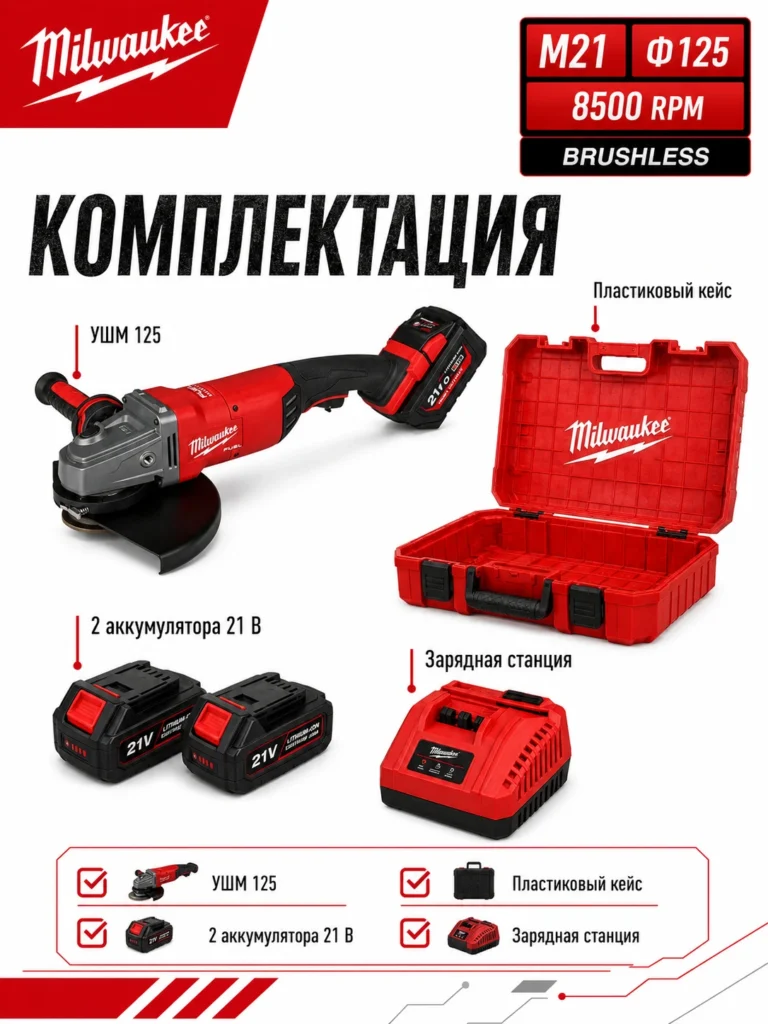 Аккумуляторная УШМ M21 125 мм — аналог Milwaukee, 8500 об/мин, 21 В, 2 АКБ — комплектация
