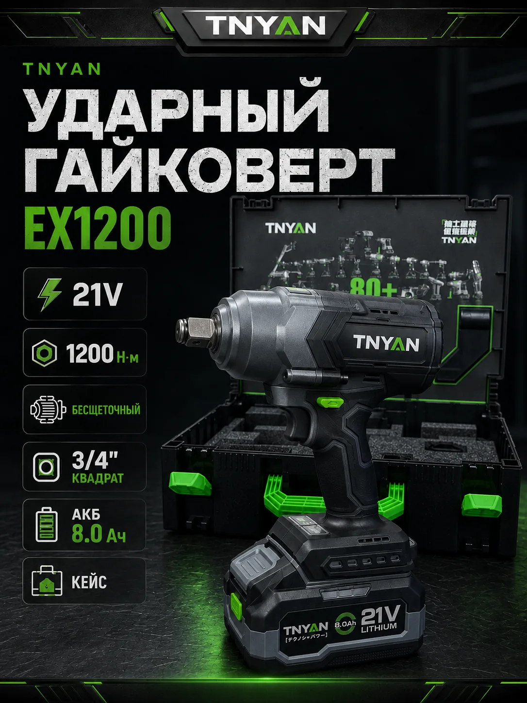 Аккумуляторный ударный гайковёрт TNYAN EX1200 — 21В, 1200 Н·м, 2×8.0 А·ч, кейс — главное изображение