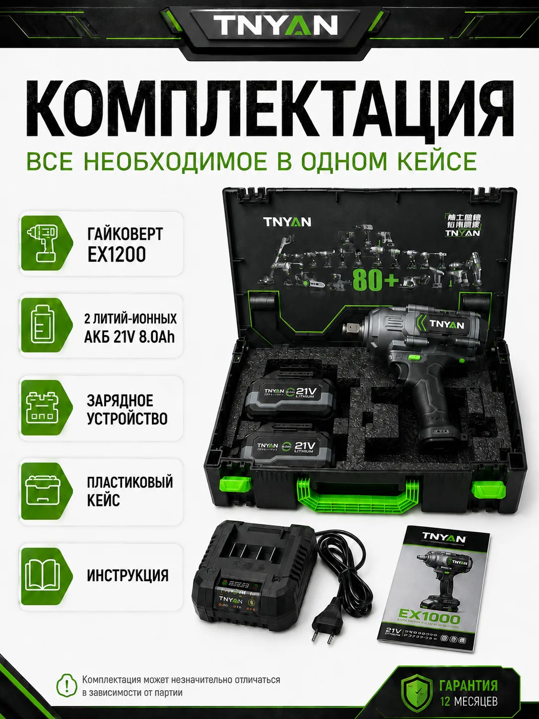 Аккумуляторный ударный гайковёрт TNYAN EX1200 — 21В, 1200 Н·м, 2×8.0 А·ч, кейс — комплектация