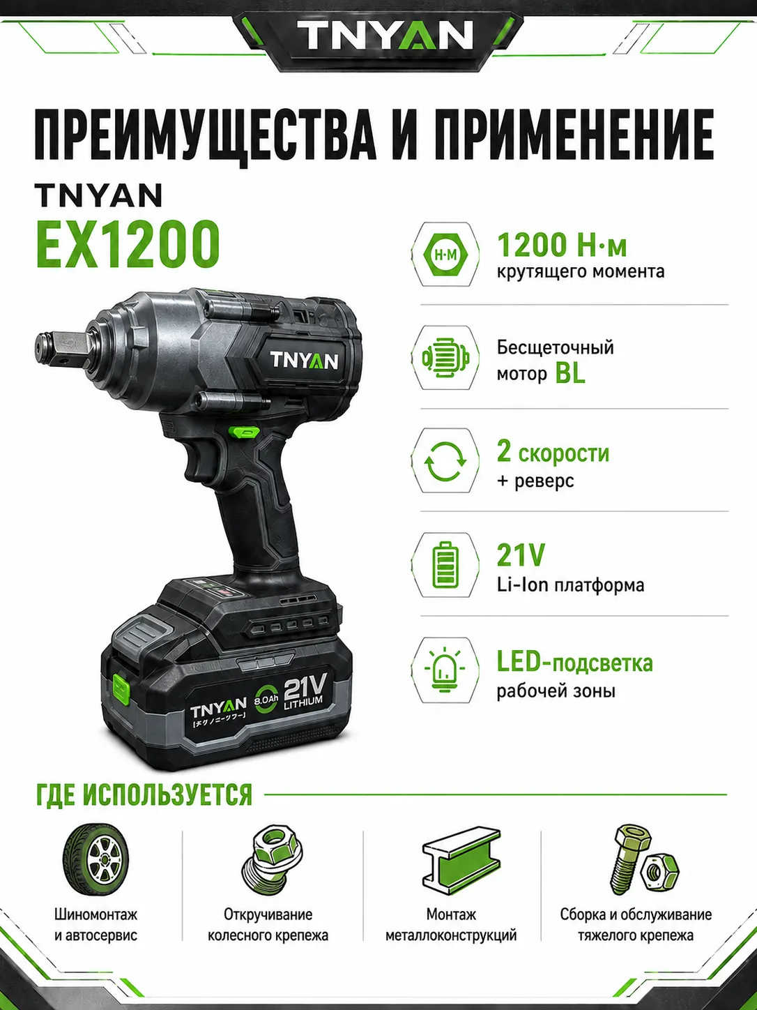 Аккумуляторный ударный гайковёрт TNYAN EX1200 — 21В, 1200 Н·м, 2×8.0 А·ч, кейс — преимущества и применение