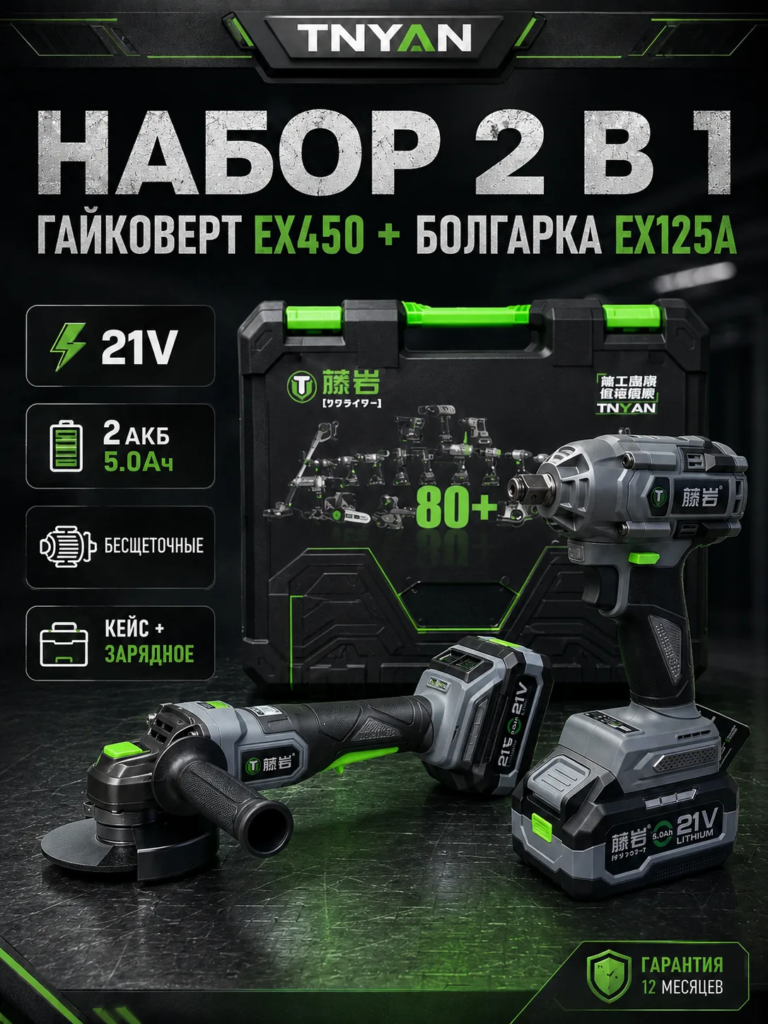 Набор аккумуляторного инструмента TNYAN 2 в 1 EX450 + EX125A — гайковёрт 450 Н·м + УШМ 125 мм — главное изображение