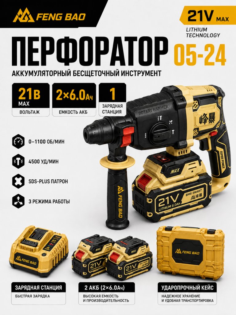 Аккумуляторный перфоратор FENG BAO 05-24 — 21В, SDS-Plus, 2×6.0 А·ч