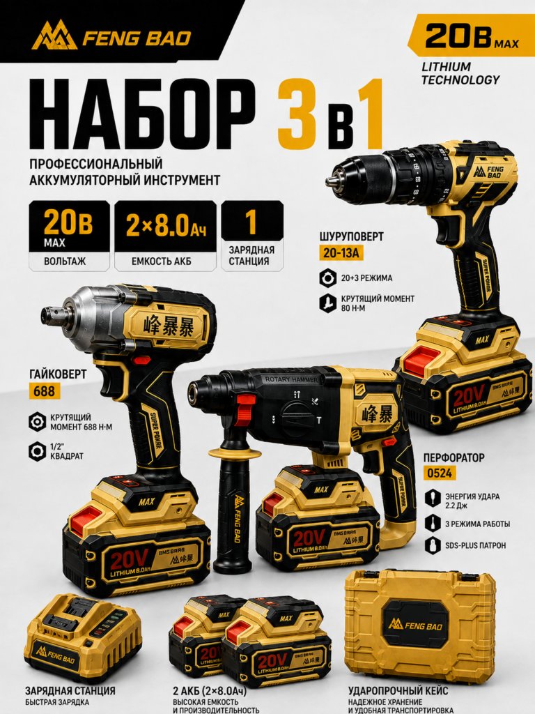 Набор аккумуляторного инструмента FENG BAO 3 в 1 — 20В, 2×8.0 А·ч