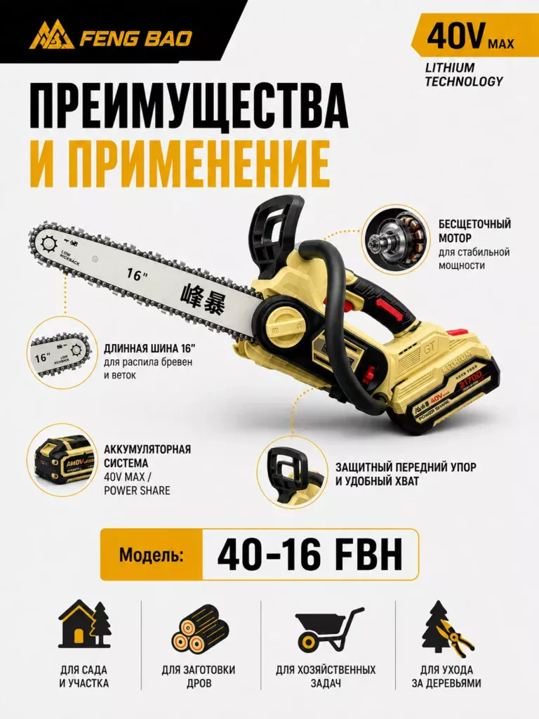Аккумуляторная цепная пила FengBao FBH40-16 — 40V MAX, 16″ / 40 см, 2×4.0 А·ч — комплектация и преимущества