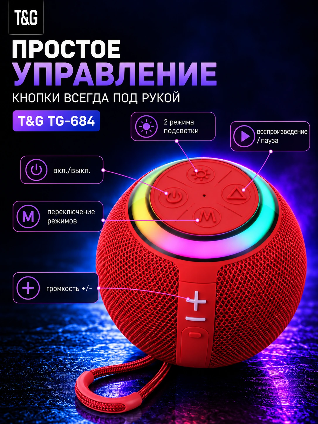 T&G TG-684 — Красный портативная Bluetooth-колонка — фото 4