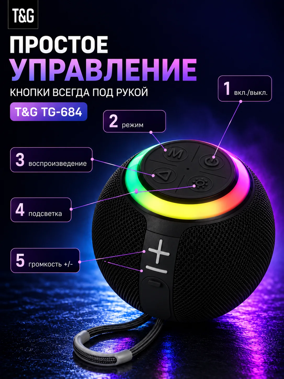 T&G TG-684 — Чёрный портативная Bluetooth-колонка — фото 3