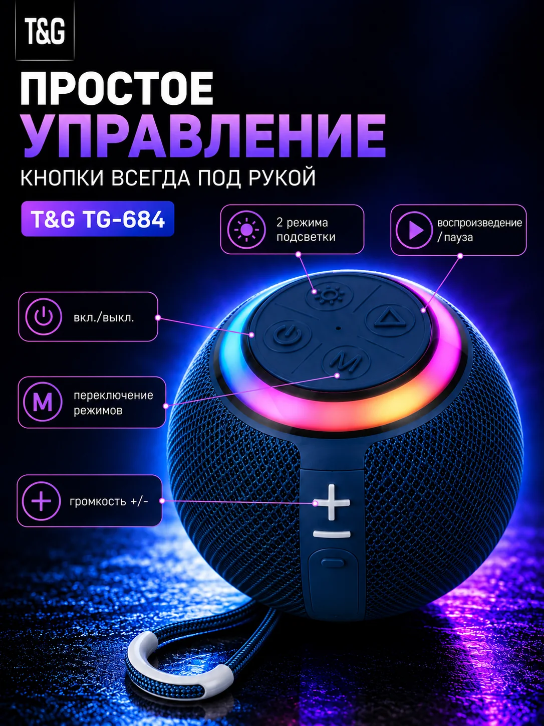 T&G TG-684 — Синий портативная Bluetooth-колонка — фото 4
