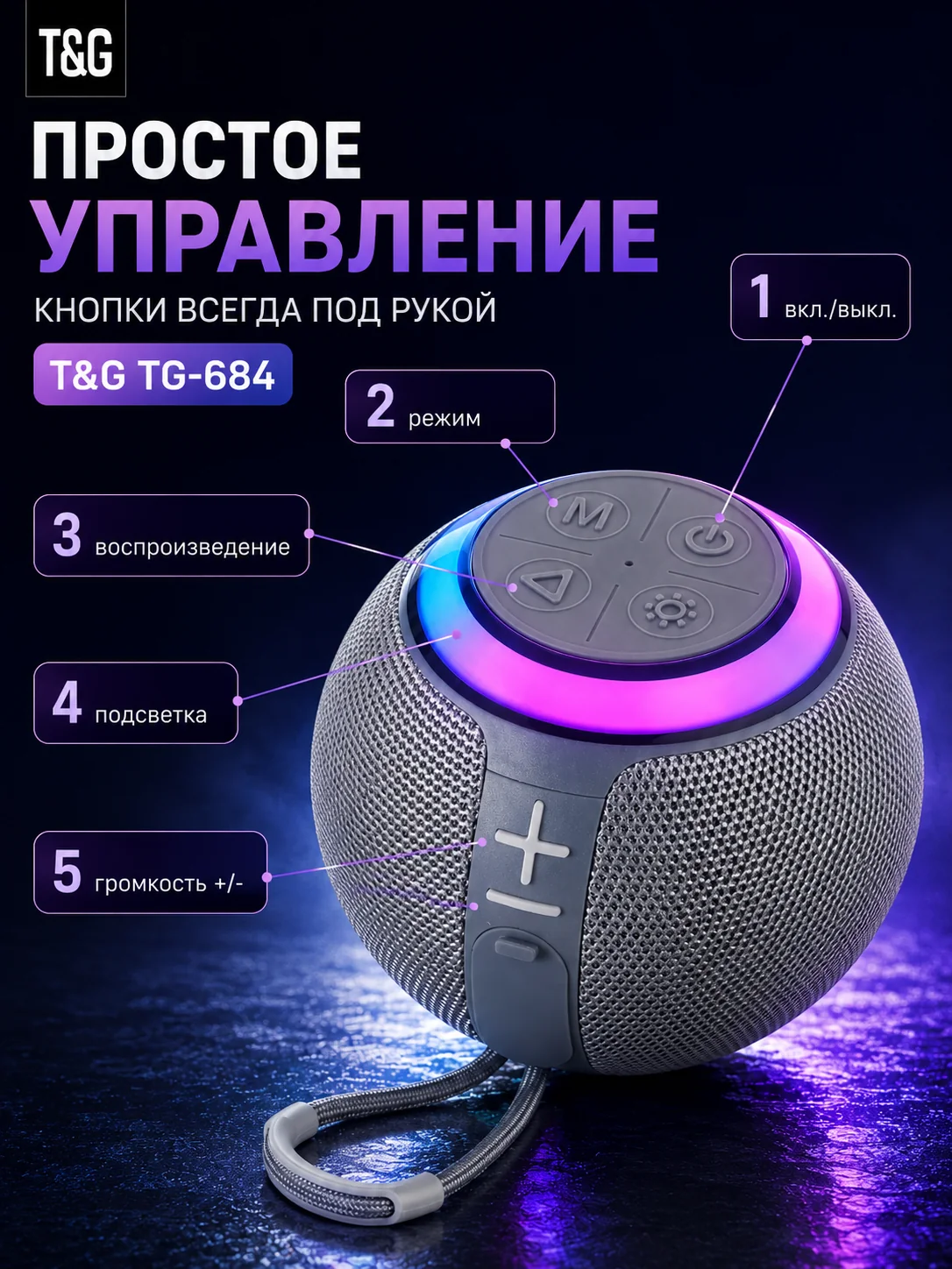 T&G TG-684 — Серый портативная Bluetooth-колонка — фото 3